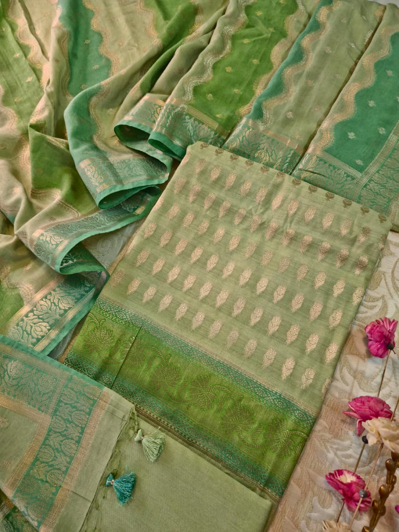 Banarasi Silk Unstitched Suit Set with Gold Zari Work