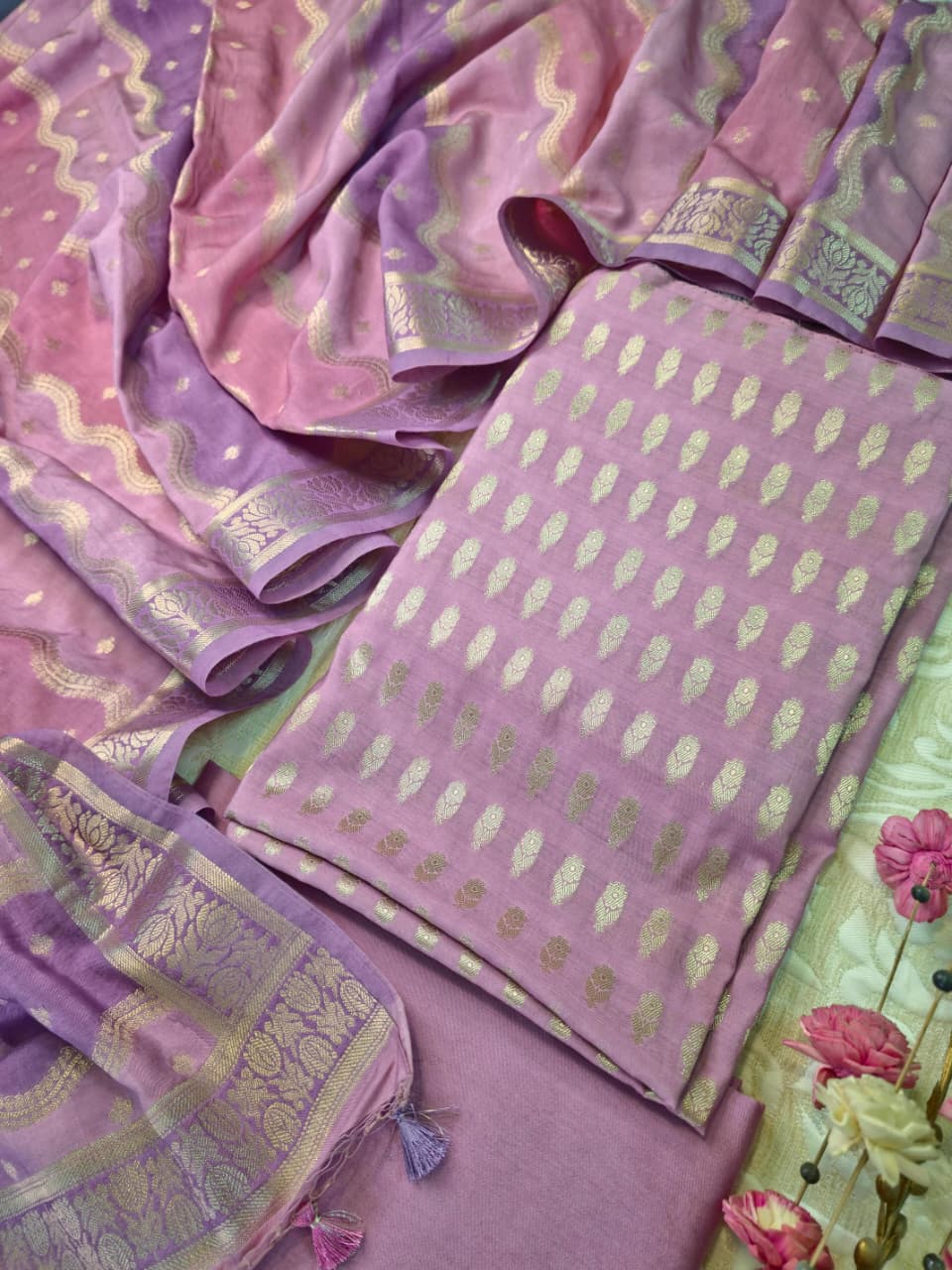 Banarasi Silk Unstitched Suit Set with Gold Zari Work