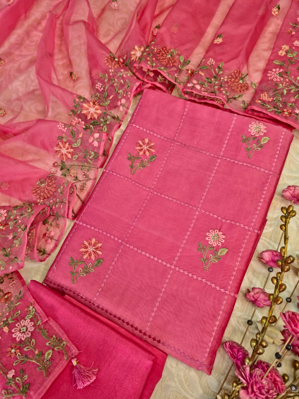 Mul Chanderi Embroidered Unstitched Suit Set with Organza Dupatta
