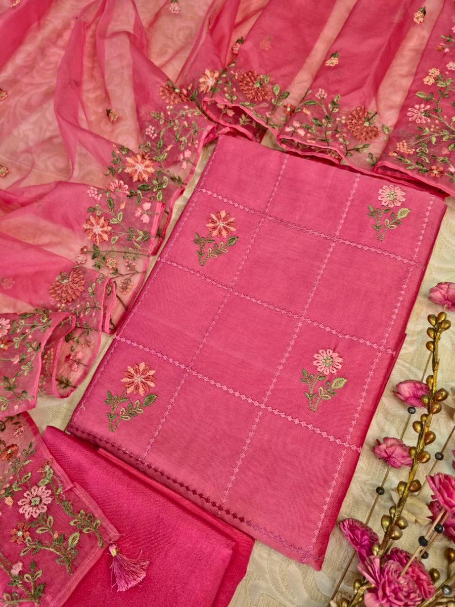 Mul Chanderi Embroidered Unstitched Suit Set with Organza Dupatta
