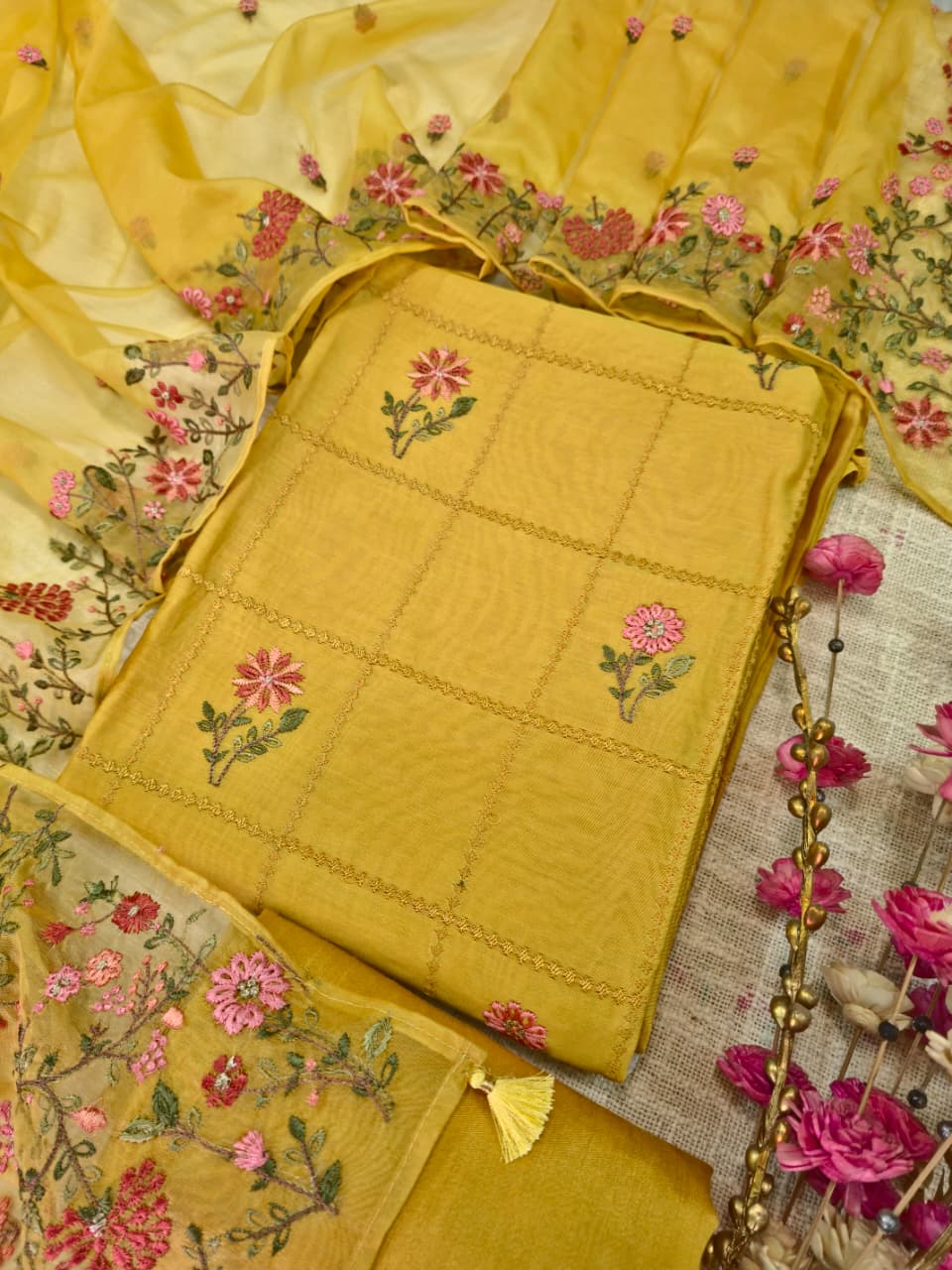 Mul Chanderi Embroidered Unstitched Suit Set with Organza Dupatta