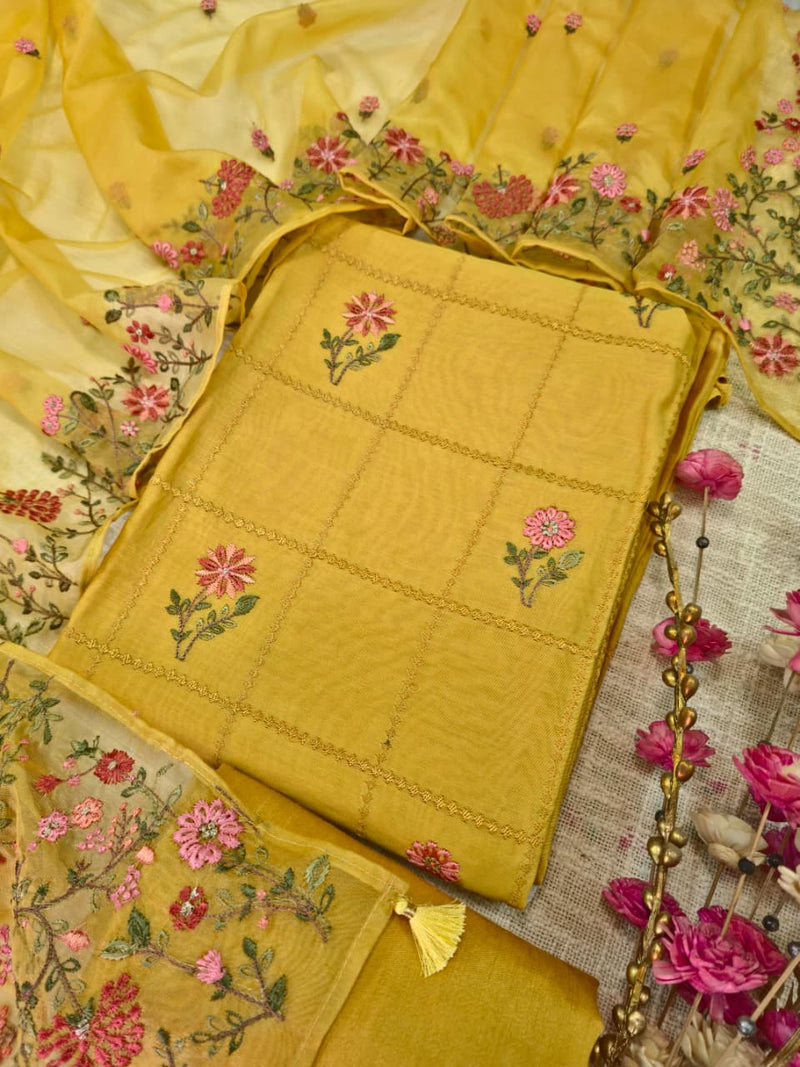 Mul Chanderi Embroidered Unstitched Suit Set with Organza Dupatta