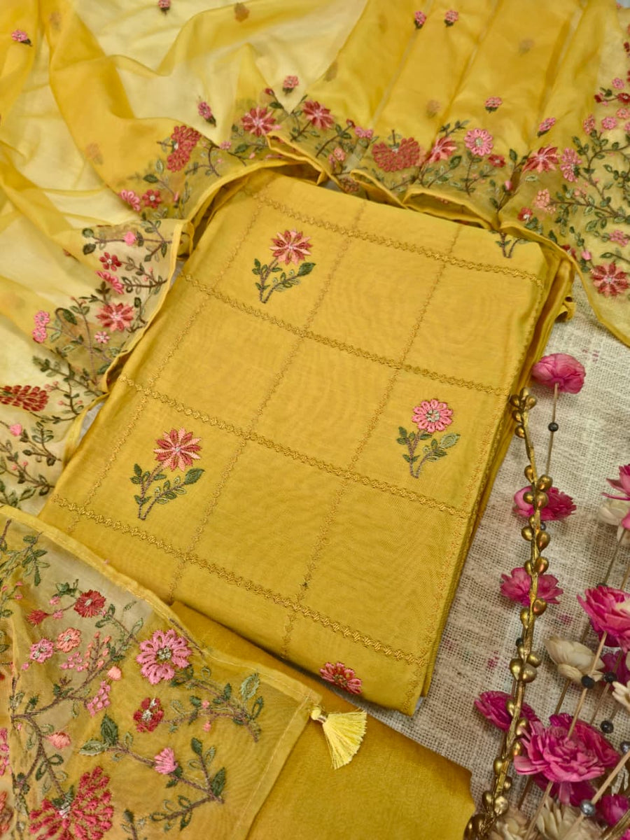 Mul Chanderi Embroidered Unstitched Suit Set with Organza Dupatta