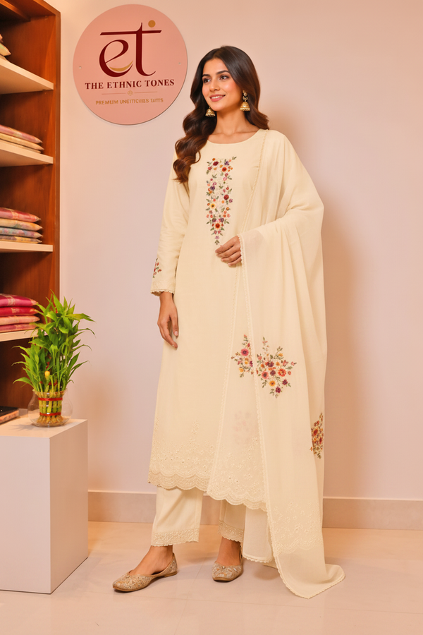 Silk Chanderi Unstitched Suit Set with Organza Dupatta - White