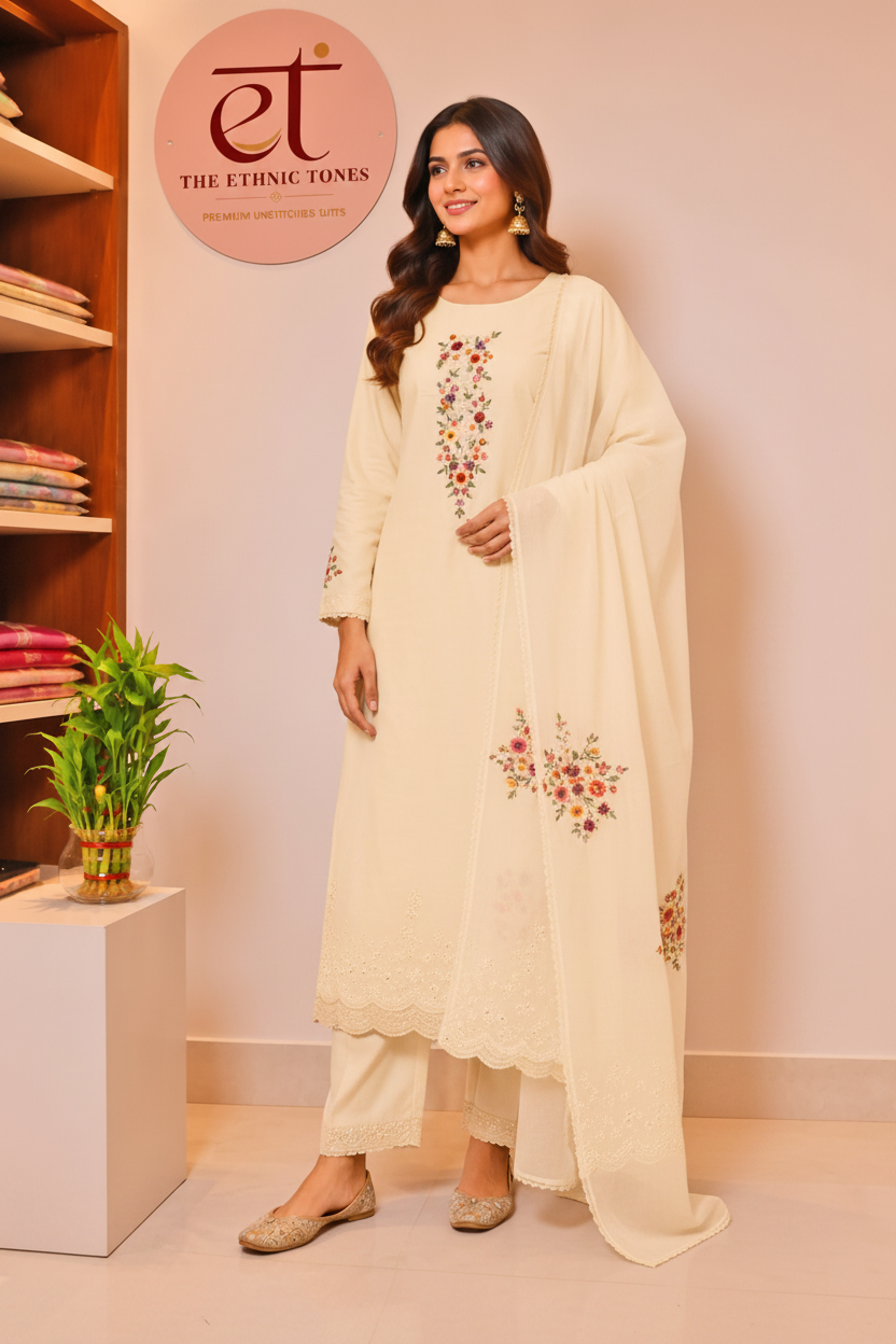 Silk Chanderi Unstitched Suit Set with Organza Dupatta - White