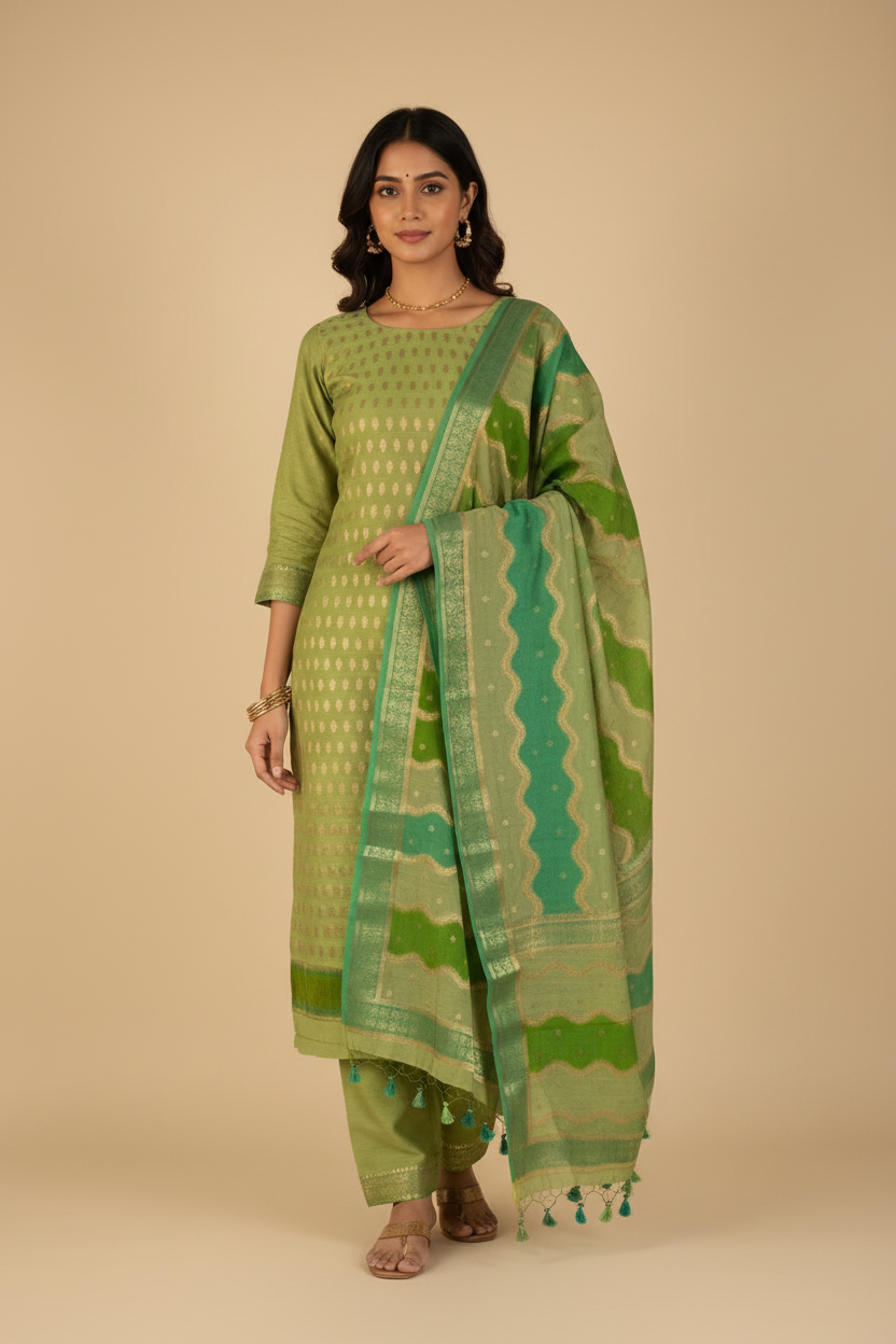 Green Kota Doria Suit Model Shot
