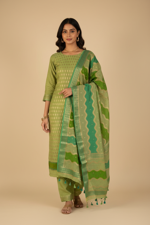 Green Kota Doria Suit Model Shot