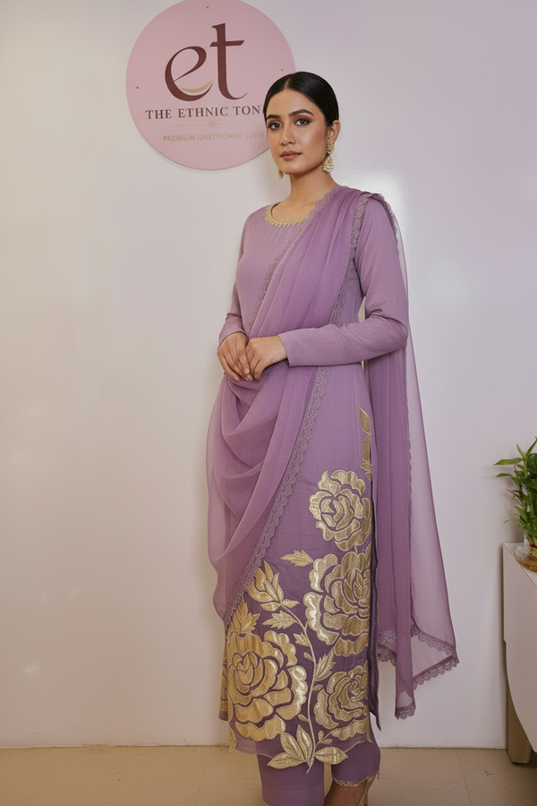 Organza Unstitched Suit Set with Applique Work - Lavender