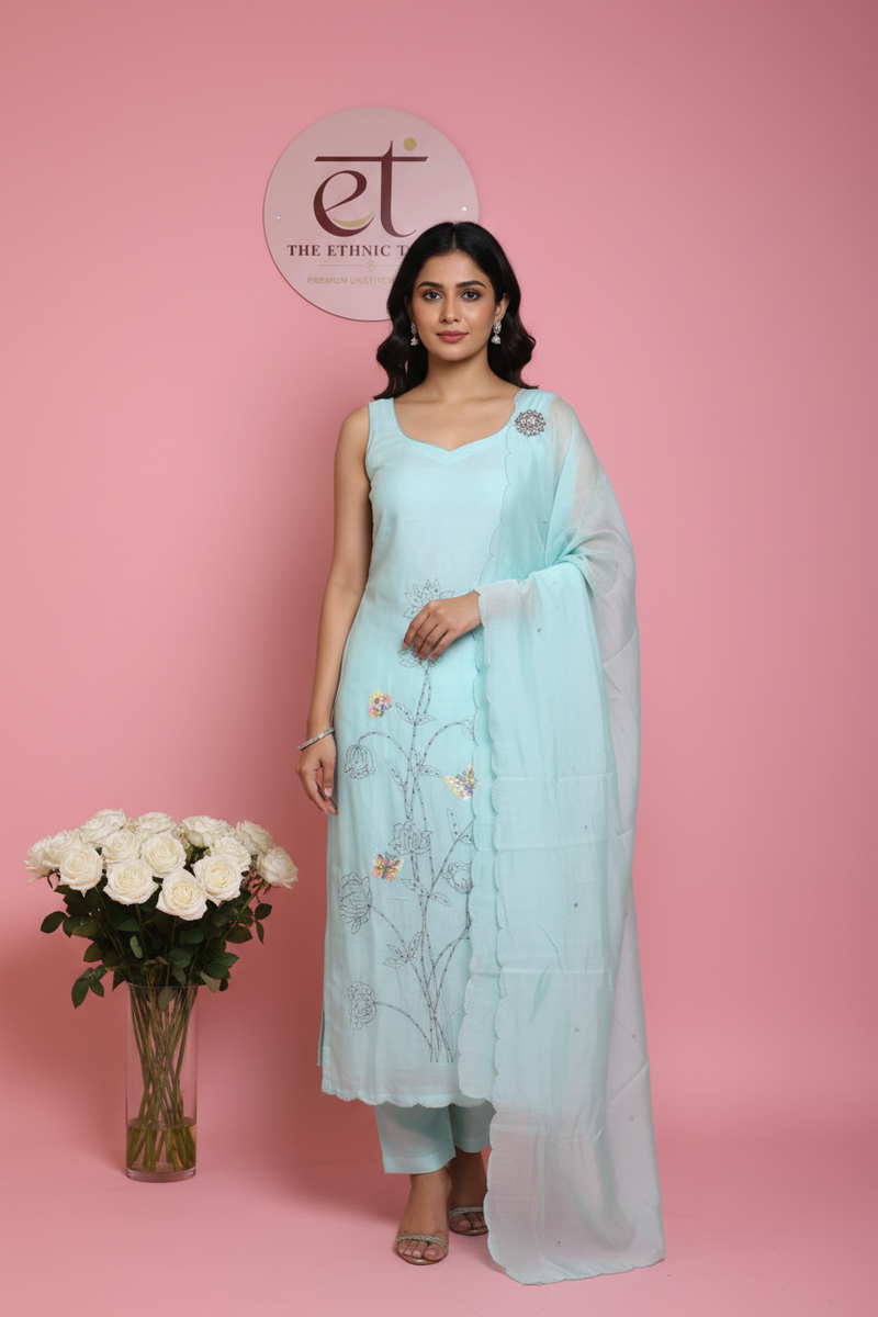 Mul Chanderi Butterfly Motif Unstitched Suit with Cutdana & Sequin Work - Powder Blue