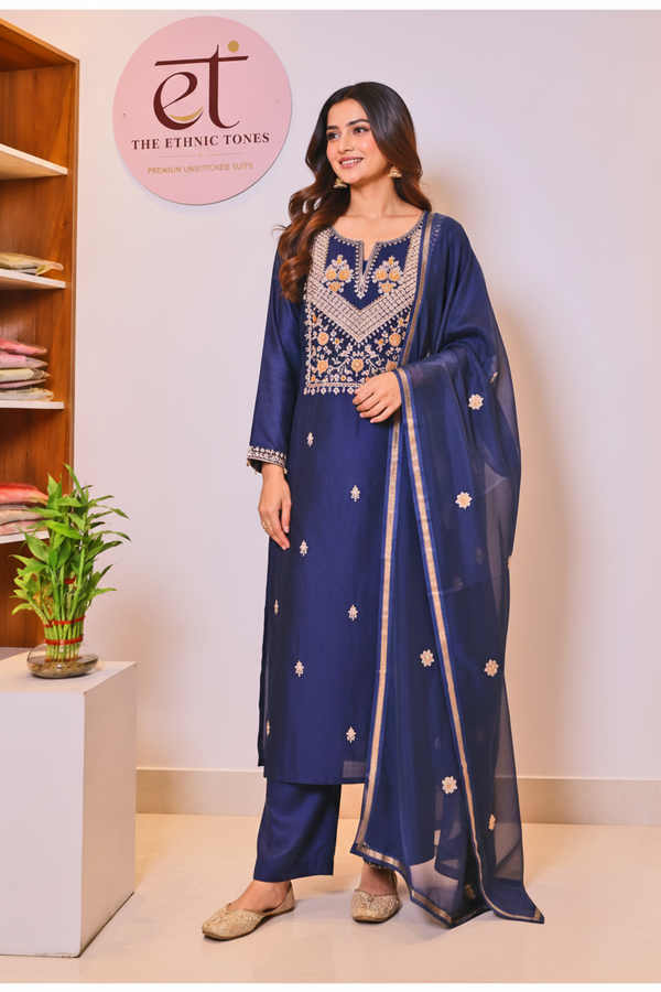 Navy Blue Silk Chanderi Unstitched Suit Set with Zardozi Hand Work