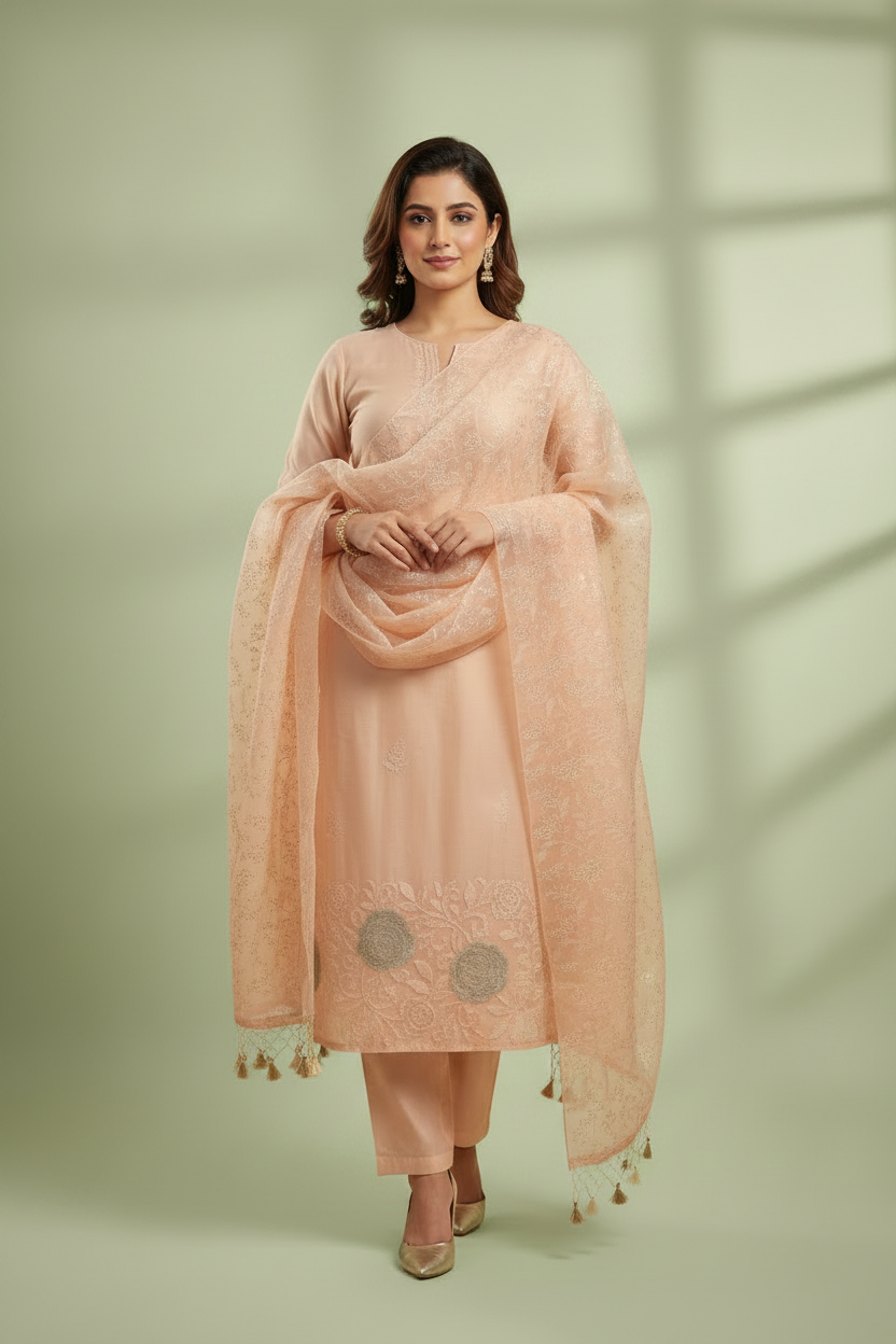 Peach Kota Doria Suit - Plain Neck, Sage Background