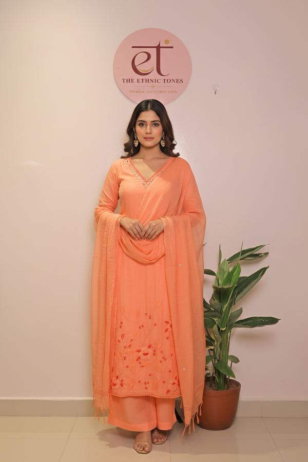 Pure Mul Chanderi Unstitched Suit with Hand Kantha Work - Peach