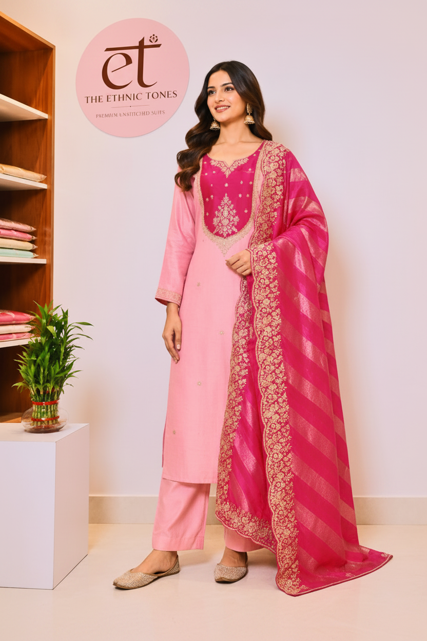 Pink Tissue Unstitched Suit Set with Embroidered Satin Silk Dupatta