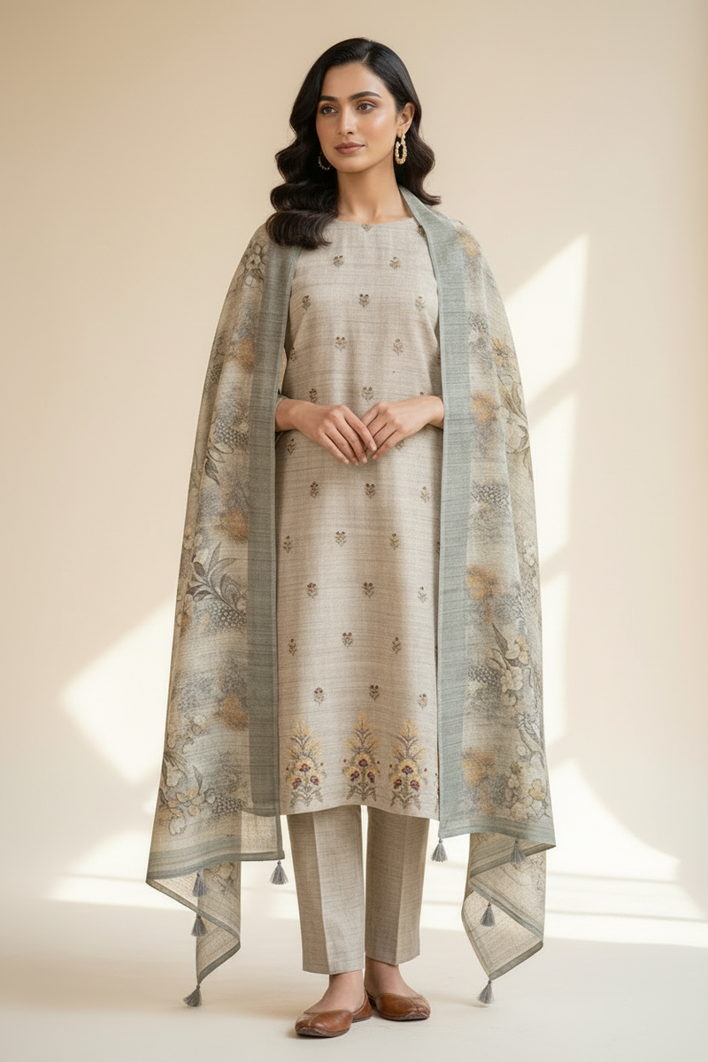 Sage Grey Linen Unstitched Suit Set with Zari Butti & Floral Dupatta
