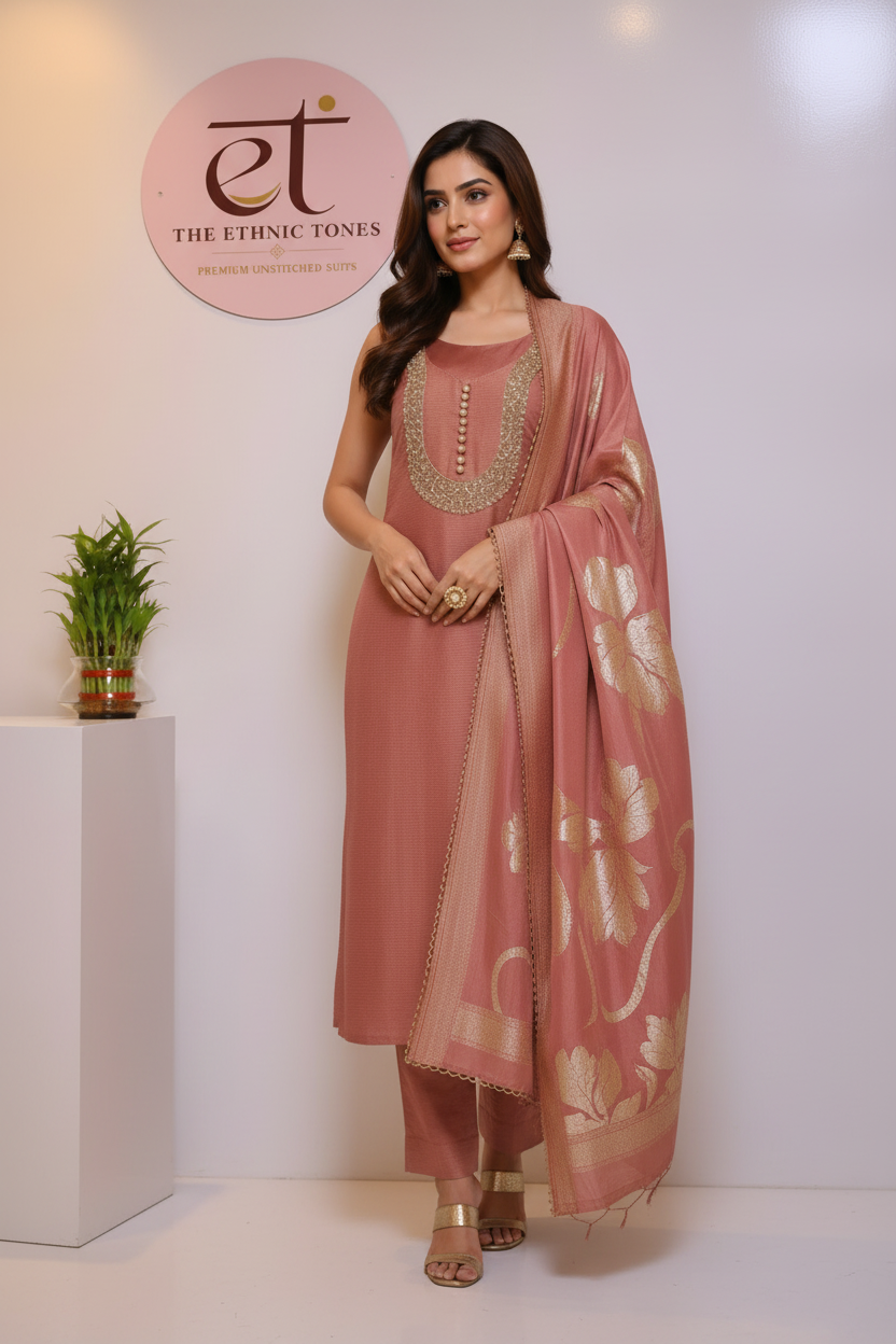 Tissue Semi-stitched Suit Set with Banarasi Silk Dupatta - Champagne