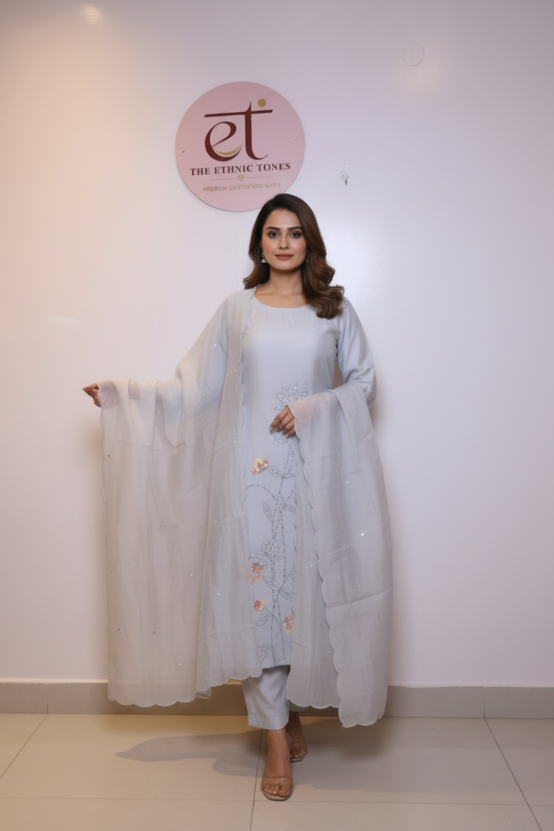 Mul Chanderi Butterfly Motif Unstitched Suit with Cutdana & Sequin Work - Ice Grey
