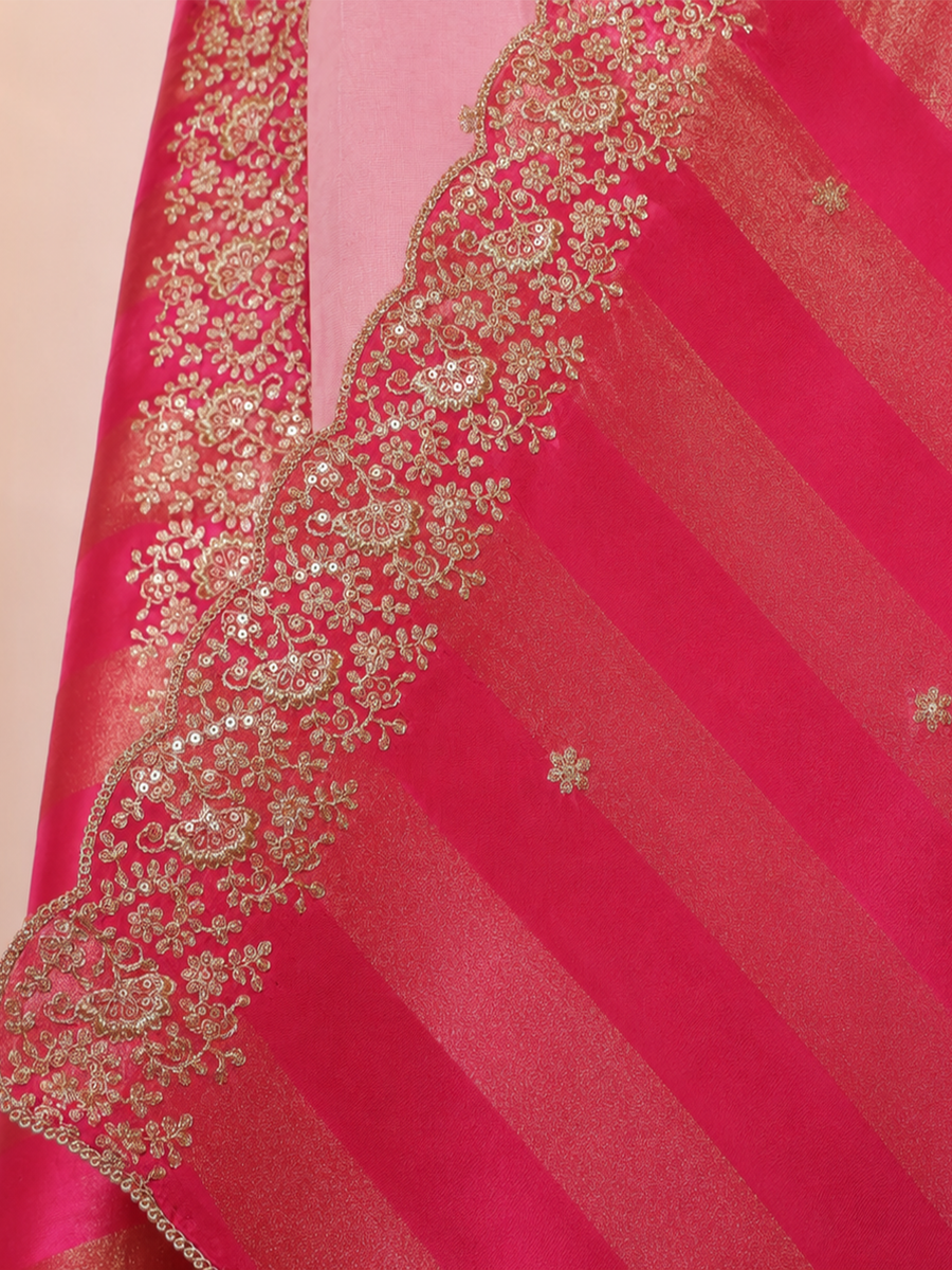 Pink Tissue Unstitched Suit Set with Embroidered Satin Silk Dupatta