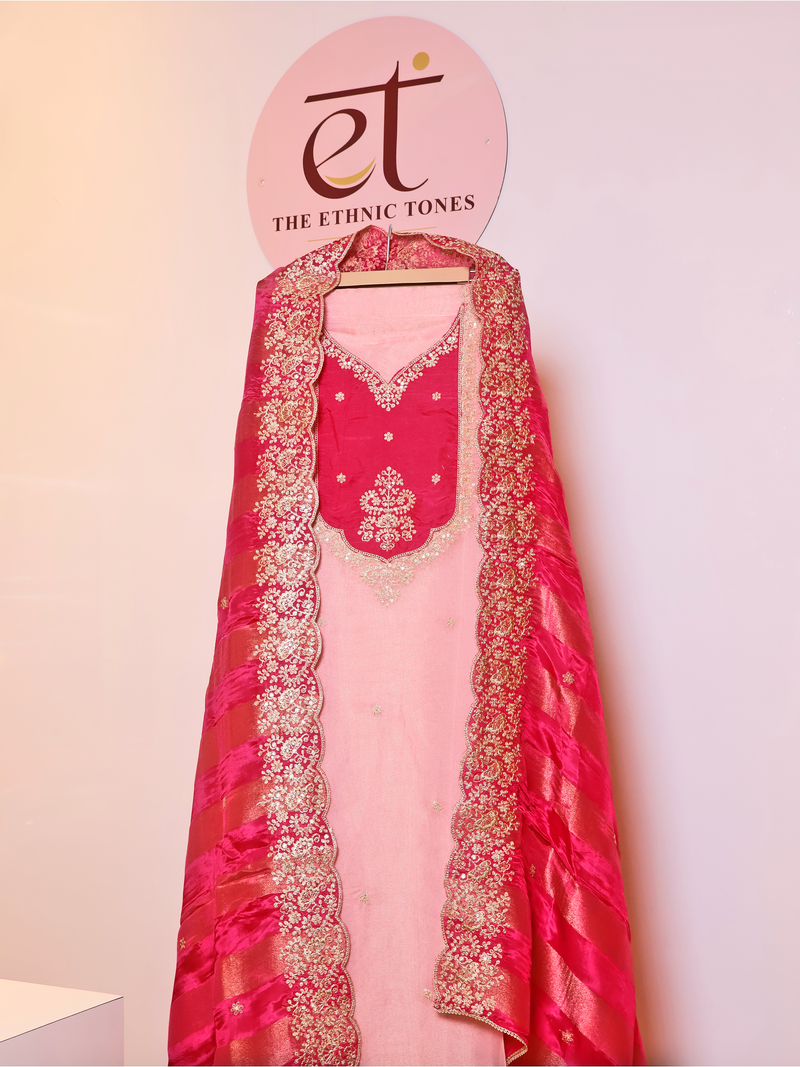 Pink Tissue Unstitched Suit Set with Embroidered Satin Silk Dupatta