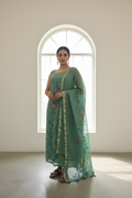 Mul Cotton Unstitched Suit Set with Hand Painted Appliqué Work - Teal Green