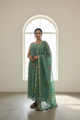 Mul Cotton Unstitched Suit Set with Hand Painted Appliqué Work - Teal Green