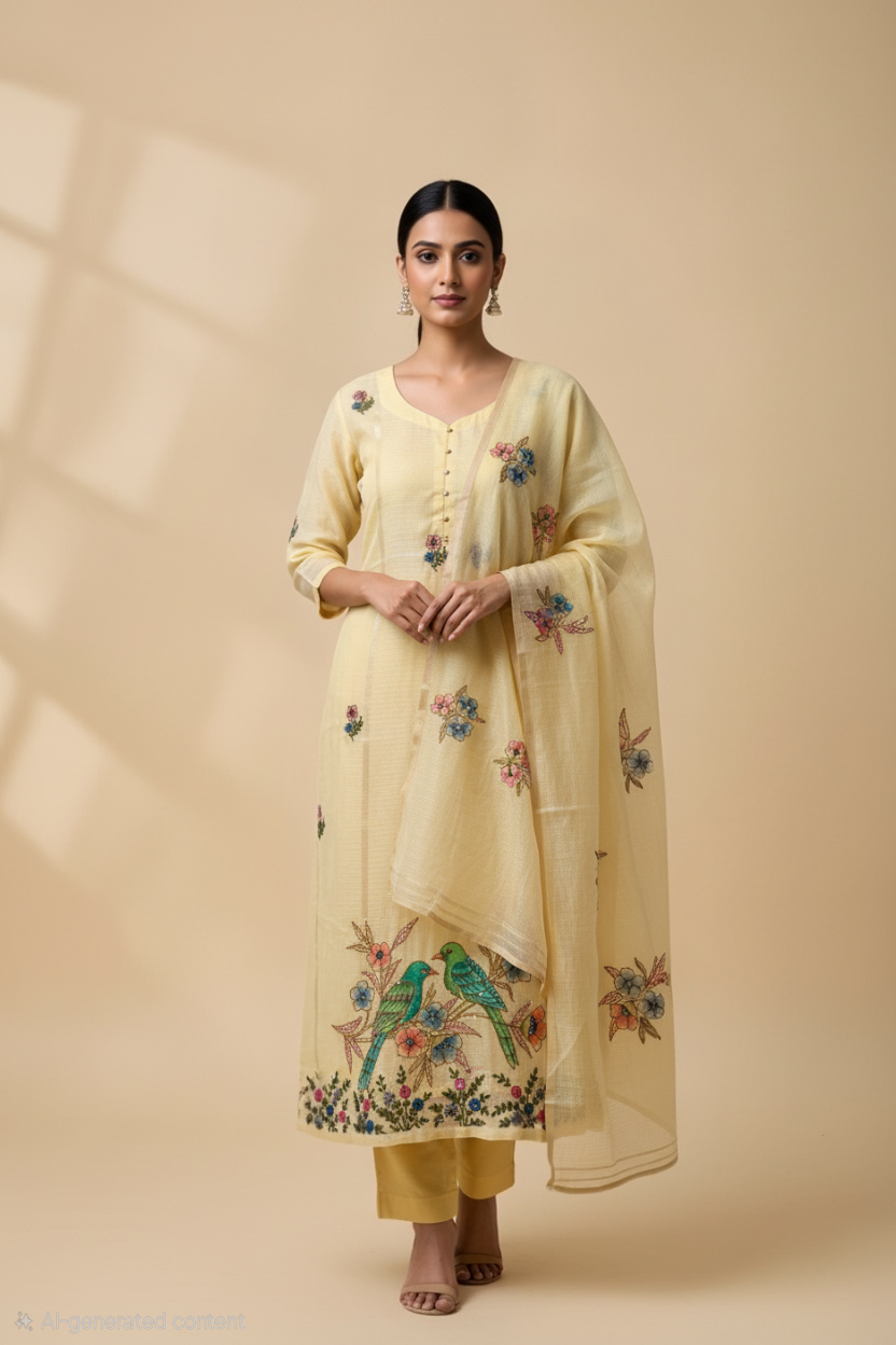 Kota Doria Hand-Painted Bird & Floral Unstitched Suit Set