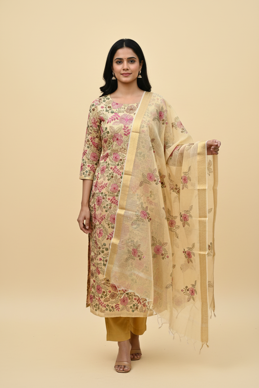 Kota Doria Embroidered Unstitched Suit Set - Golden