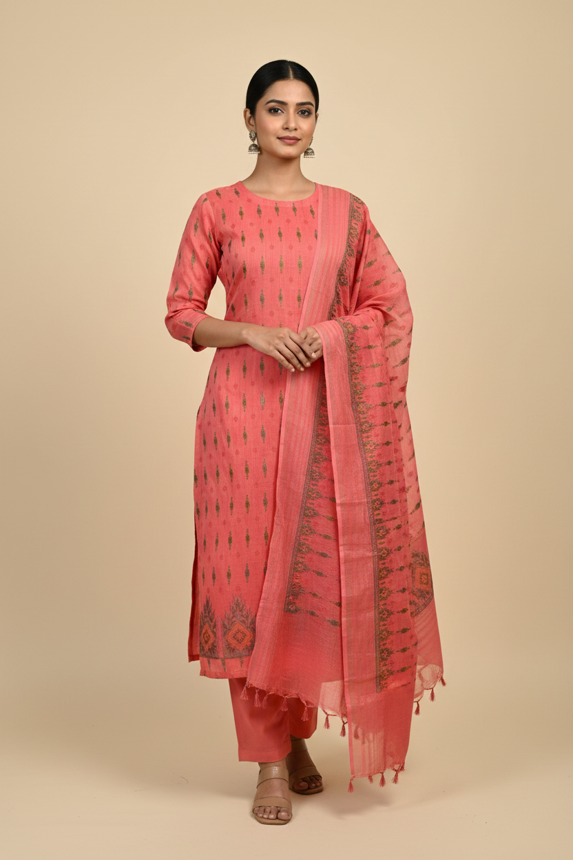 The Ethnic Tones - Coral Pink Kota Doria Geometric Model Shot
