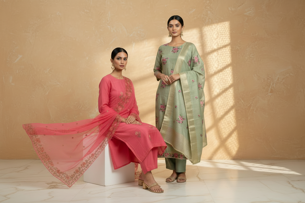 The Ethnic Tones - Flowy Pink Dupatta Heritage Background