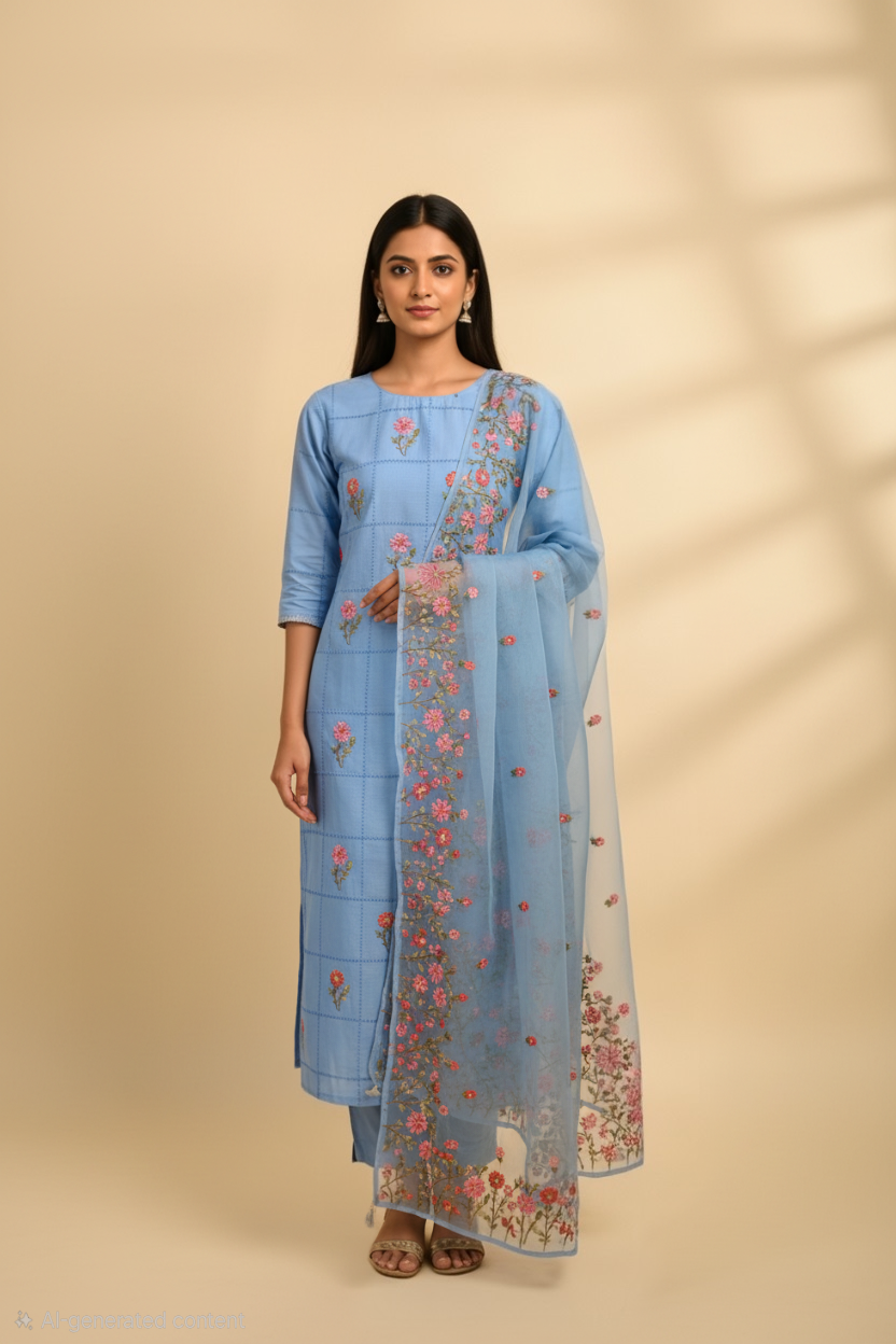 Mul Chanderi Embroidered Unstitched Suit Set with Organza Dupatta - Sky Blue