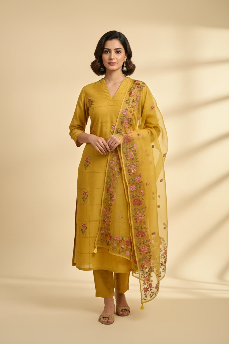 Mul Chanderi Embroidered Unstitched Suit Set with Organza Dupatta - Mustard