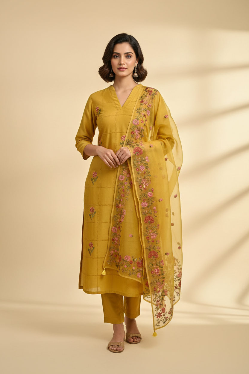 Mul Chanderi Embroidered Unstitched Suit Set with Organza Dupatta - Mustard