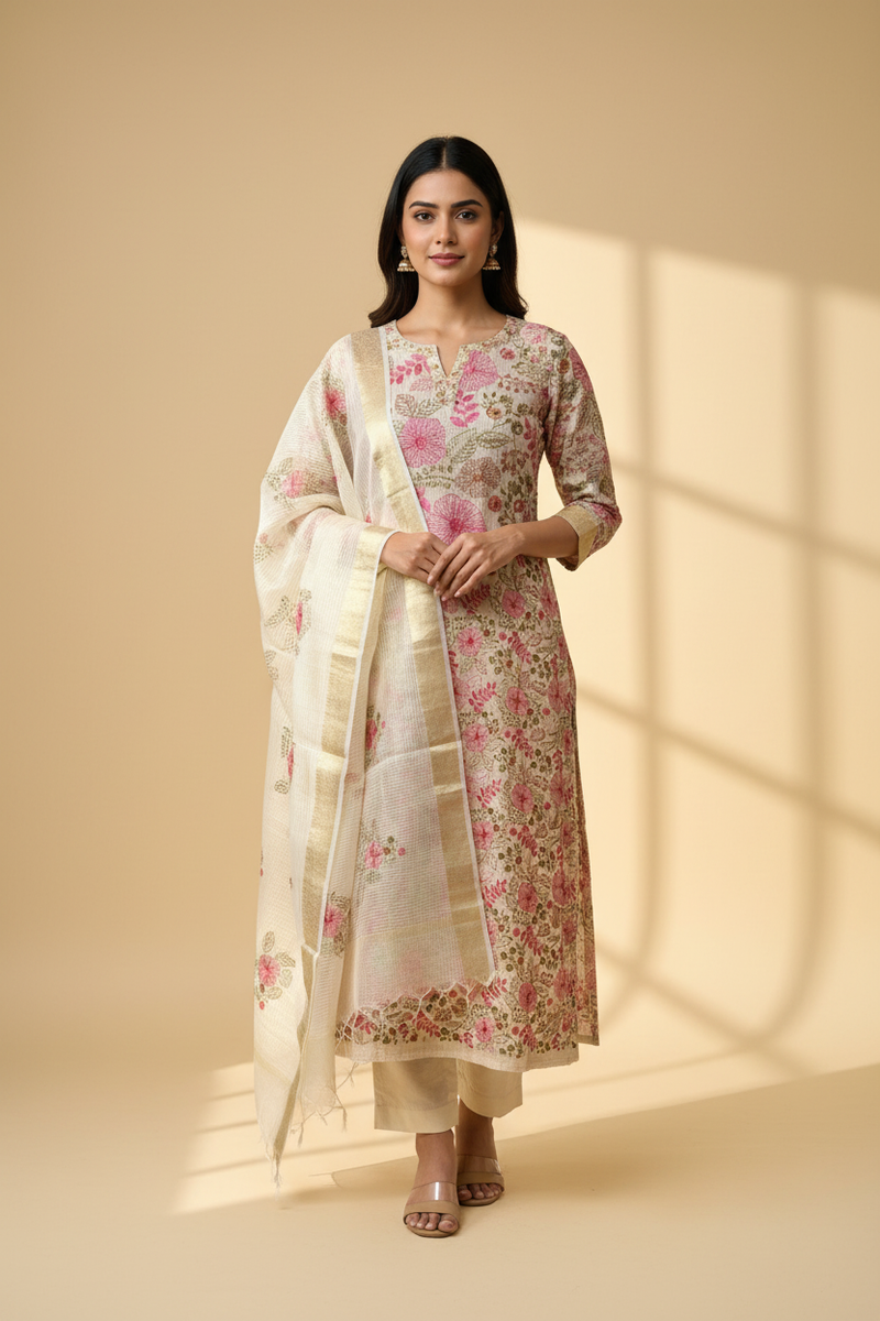 Kota Doria Embroidered Unstitched Suit Set - Ivory