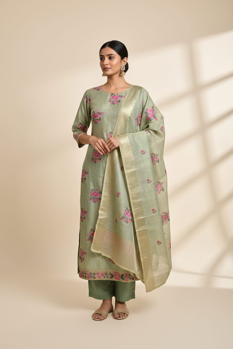 Kota Doria Rose Embroidered Unstitched Suit Set