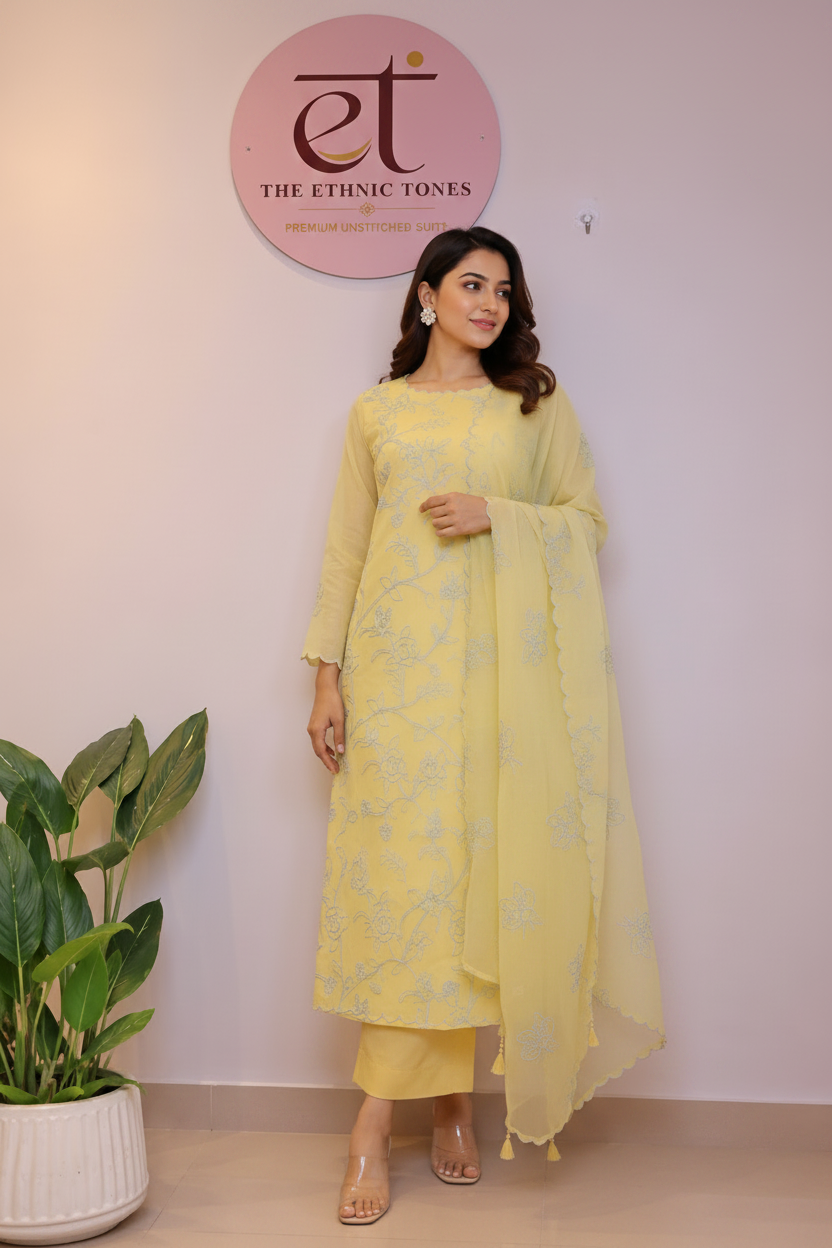 Ivory Mul Chanderi Unstitched Suit with All-Over Floral Embroidery - Butter Yellow