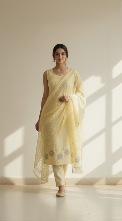 Mul Cotton Cross-Stitch Embroidered Unstitched Suit Set with Organza Dupatta - Yellow